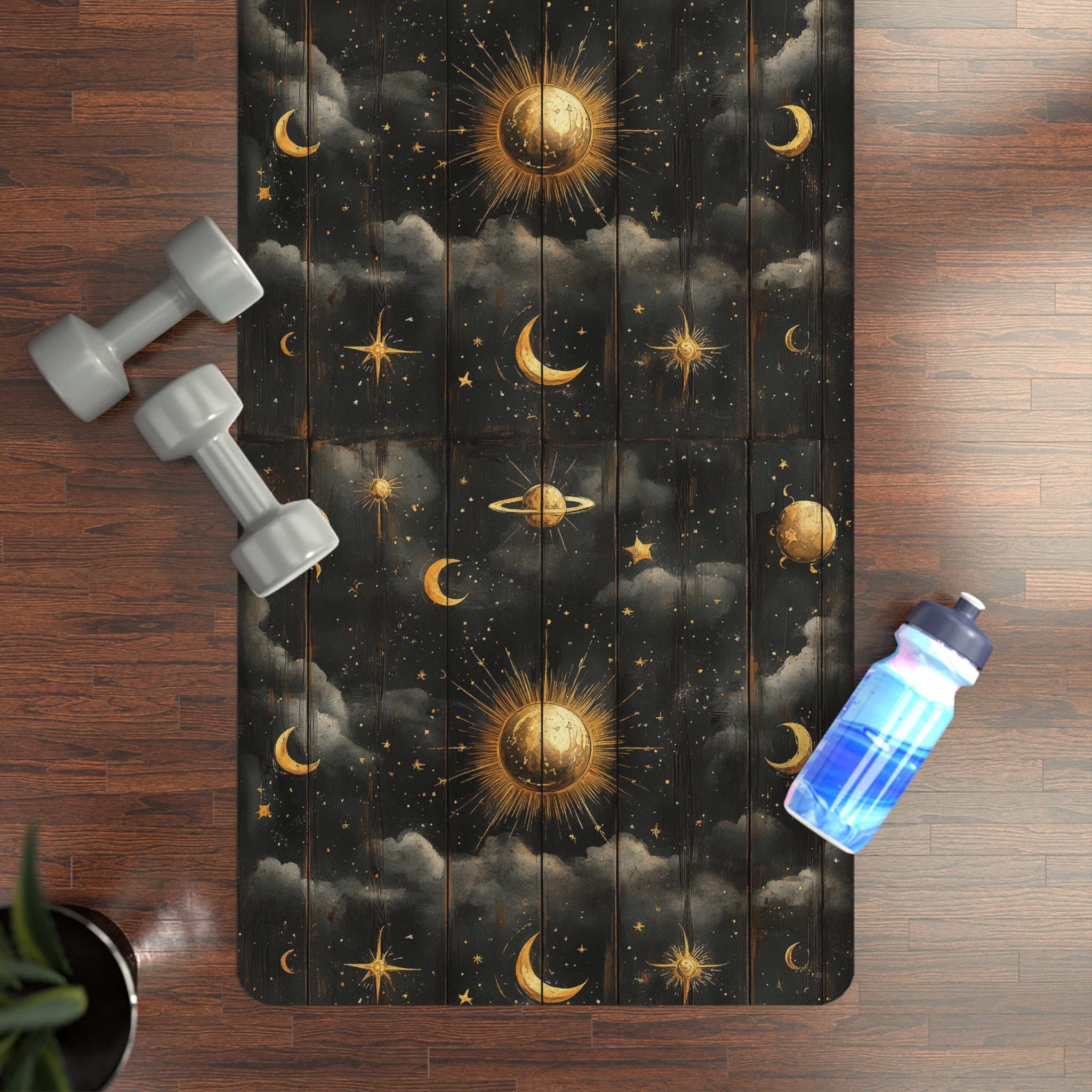 Celestial Moon & Sun Rubber Yoga Mat — Boho Night Sky Non-Slip Exercise Mat