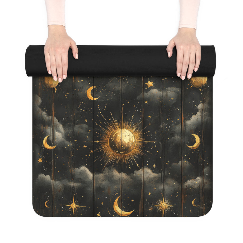 Celestial Moon & Sun Rubber Yoga Mat — Boho Night Sky Non-Slip Exercise Mat