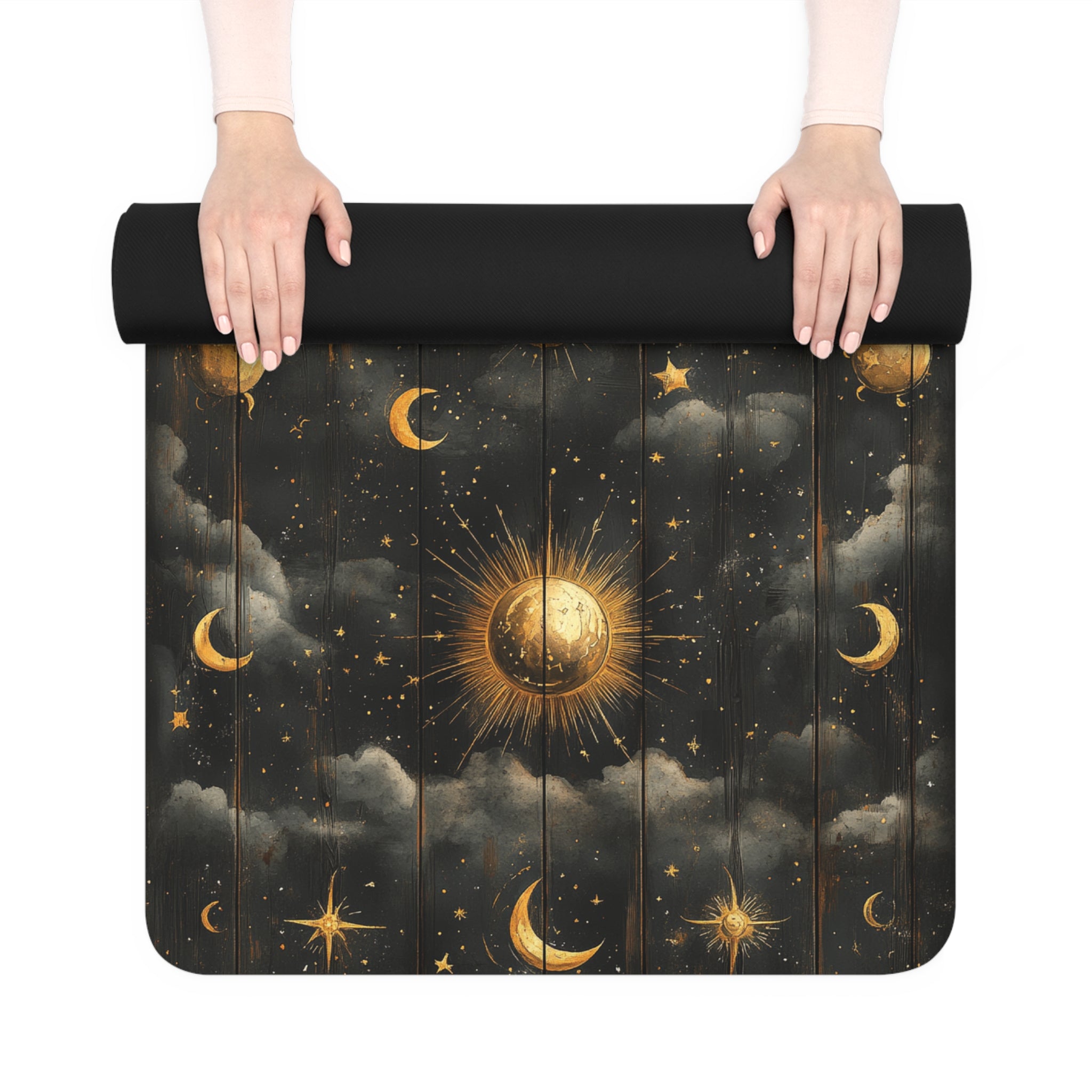 Celestial Moon & Sun Rubber Yoga Mat — Boho Night Sky Non-Slip Exercise Mat