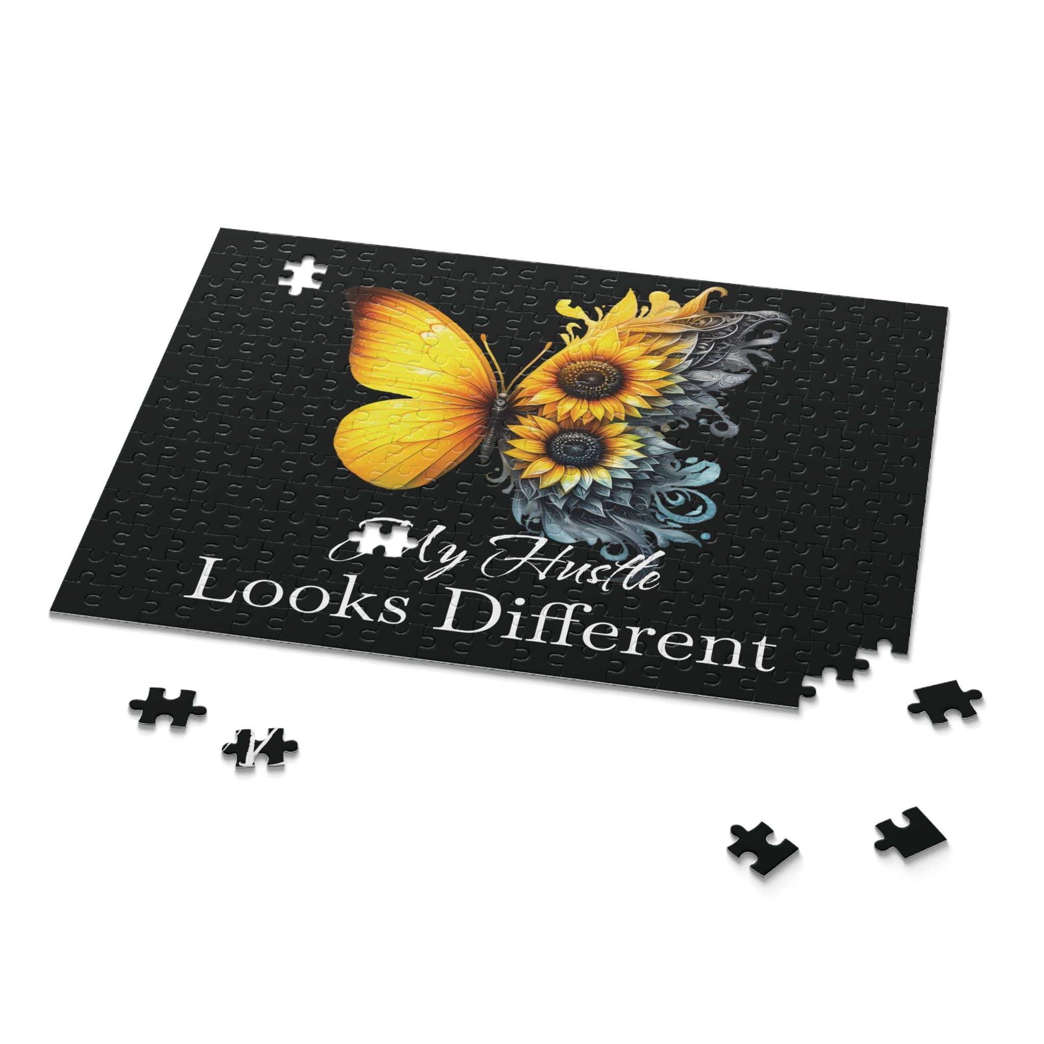My Hustle Looks Different Jigsaw Puzzle — Sunflower Butterfly Motivational Puzzle (120/252/500 pcs)